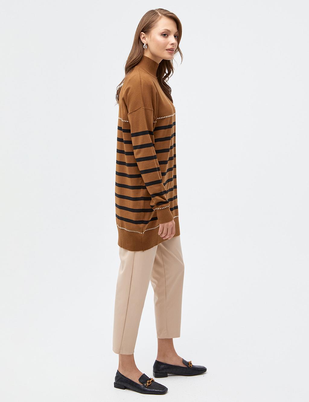 Striped Half Turtleneck Knitwear Tunic Camel