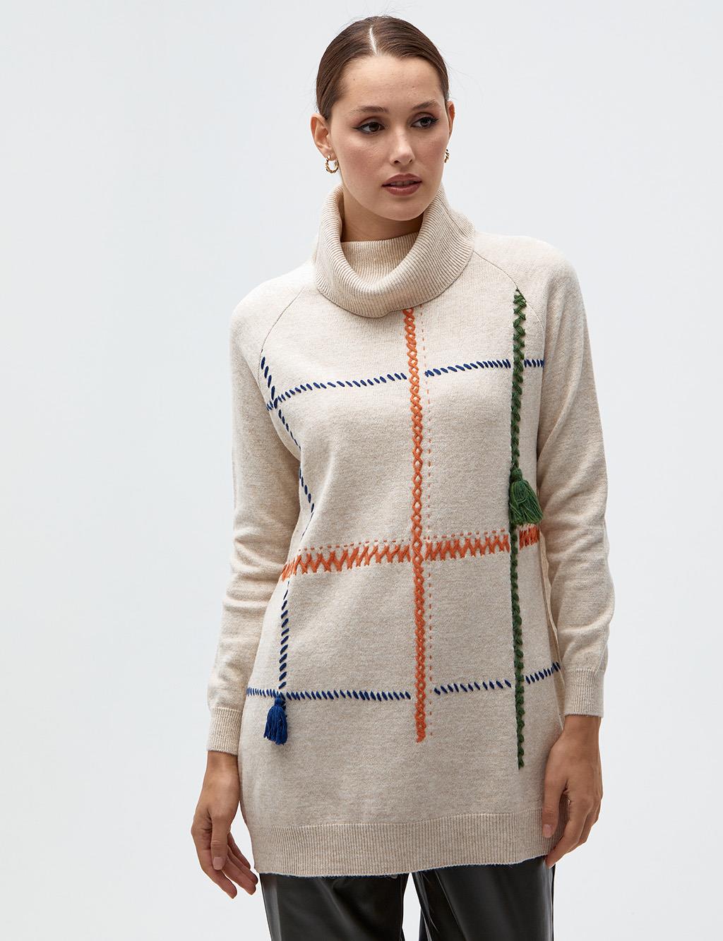 Stitch Detailed Turtleneck Knitwear Tunic Beige