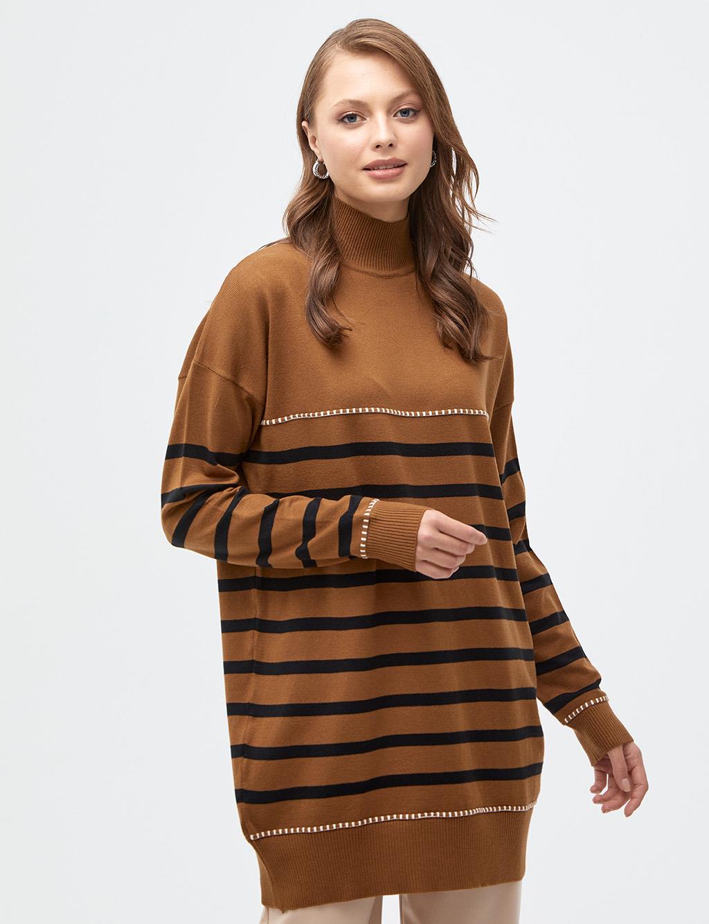 Striped Half Turtleneck Knitwear Tunic Camel