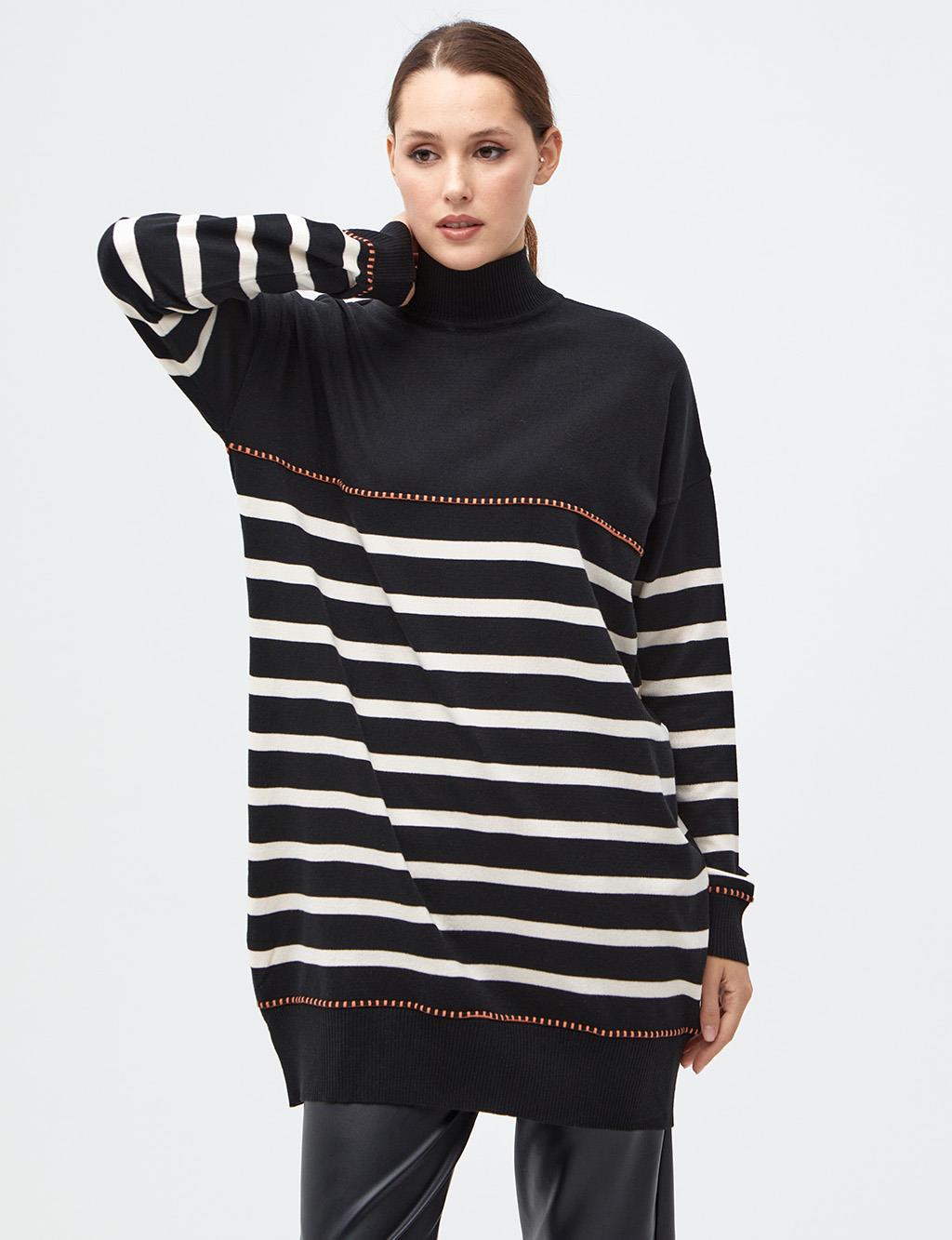 Striped Half Turtleneck Knitwear Tunic Black