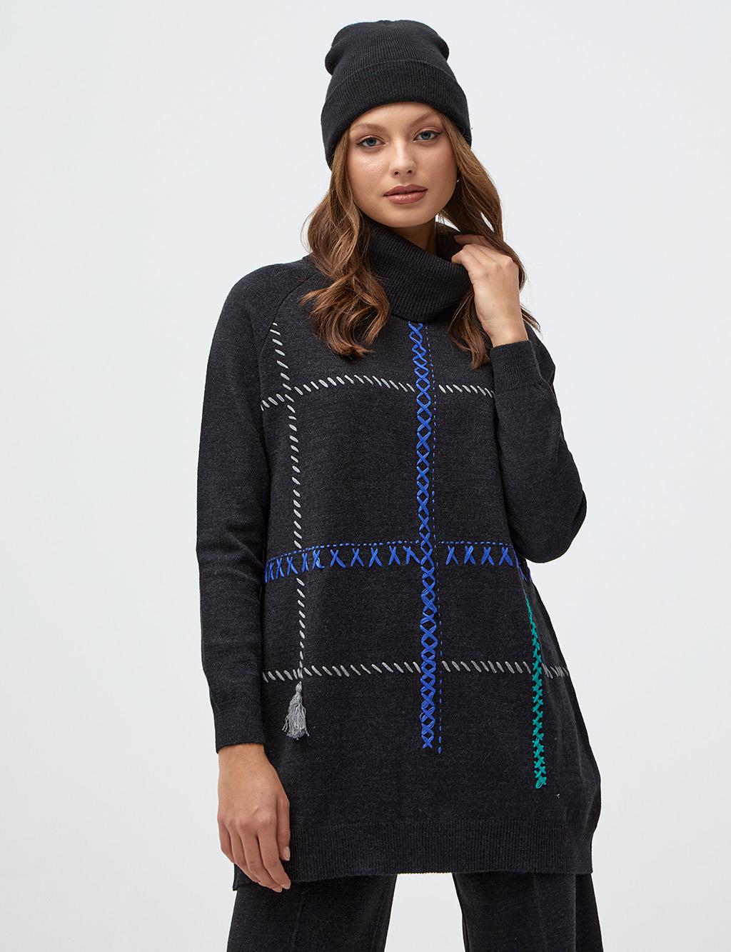 Stitch Detailed Turtleneck Knitwear Tunic Black