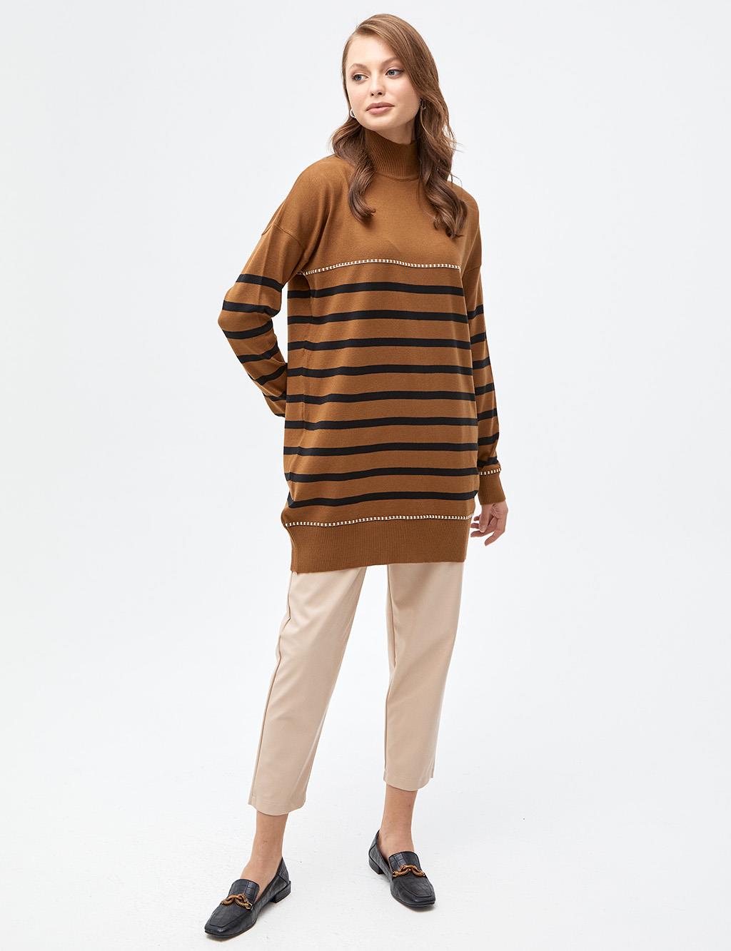 Striped Half Turtleneck Knitwear Tunic Camel