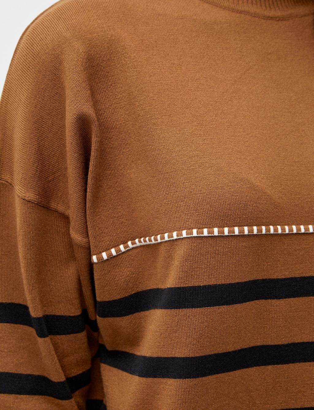 Striped Half Turtleneck Knitwear Tunic Camel