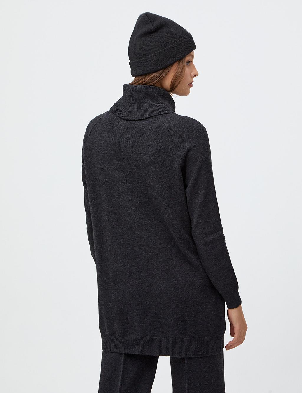 Stitch Detailed Turtleneck Knitwear Tunic Black