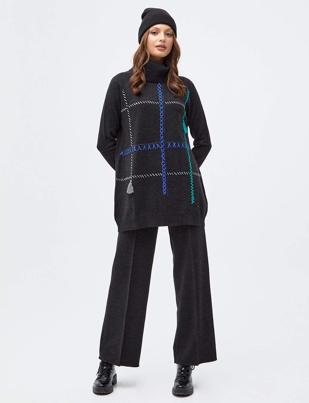 Stitch Detailed Turtleneck Knitwear Tunic Black