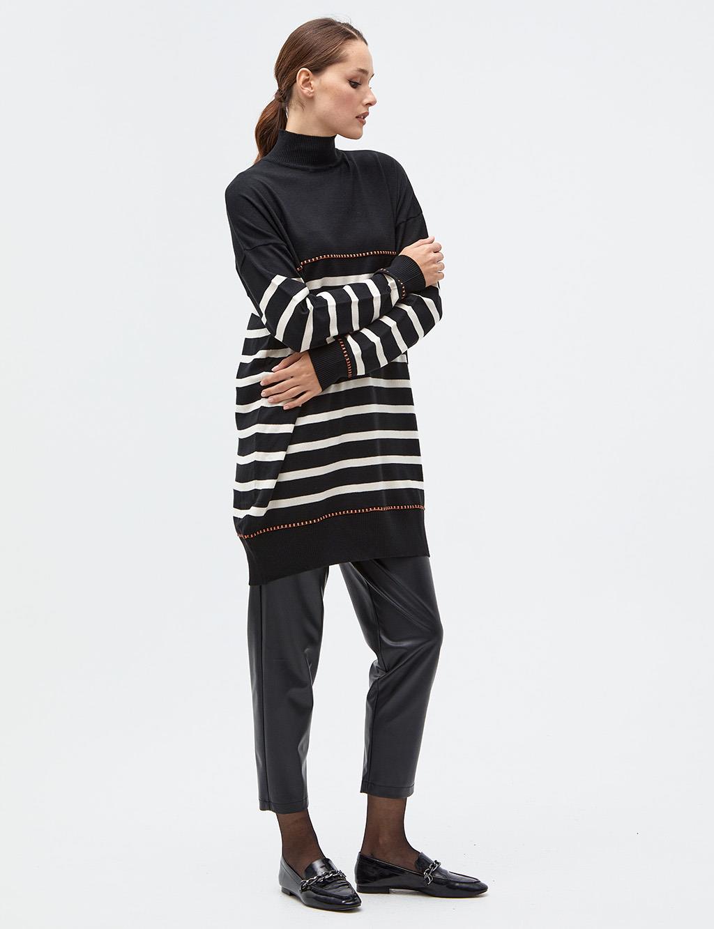 Striped Half Turtleneck Knitwear Tunic Black