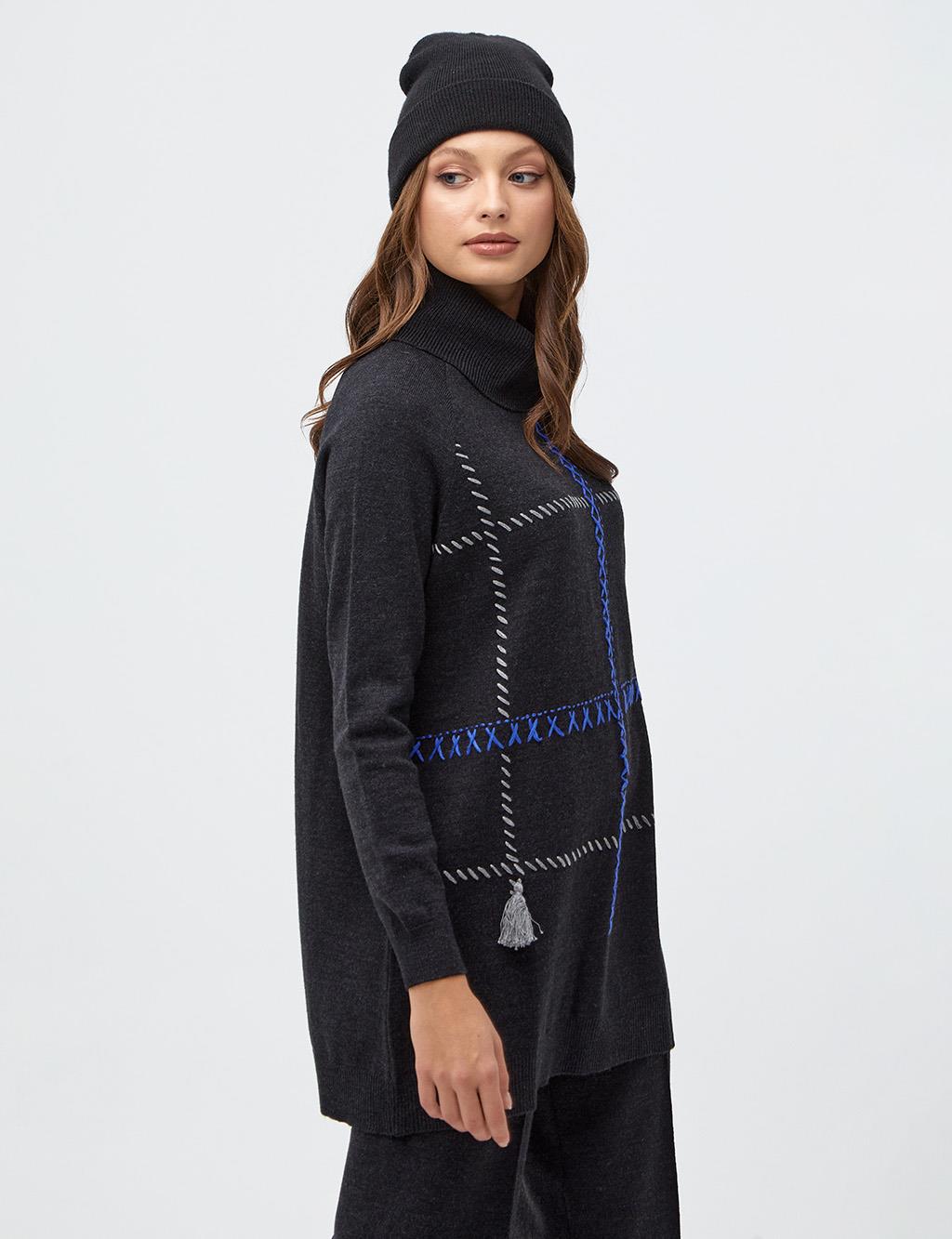 Stitch Detailed Turtleneck Knitwear Tunic Black