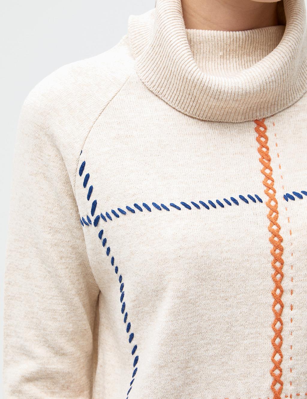 Stitch Detailed Turtleneck Knitwear Tunic Beige