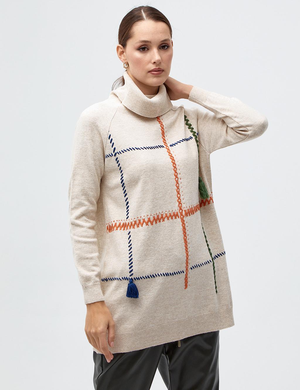 Stitch Detailed Turtleneck Knitwear Tunic Beige