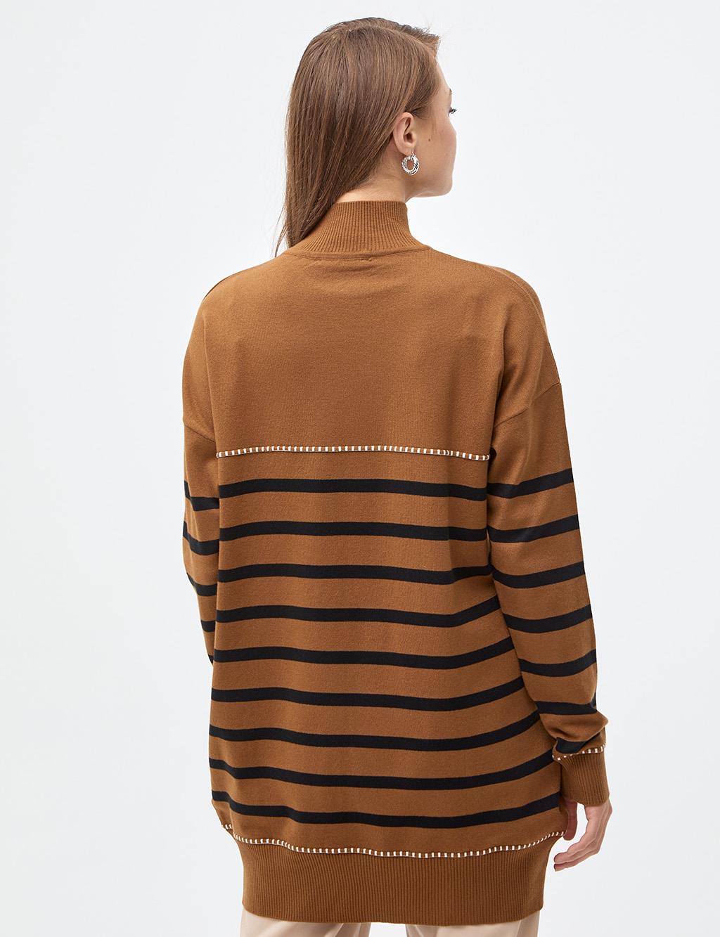 Striped Half Turtleneck Knitwear Tunic Camel