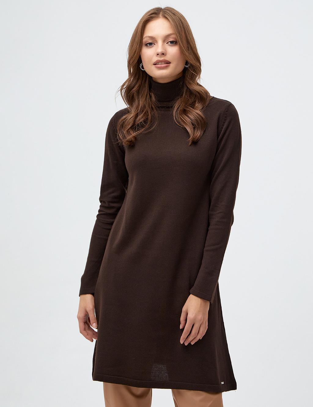 Basic Turtleneck Knitwear Tunic Dark Brown