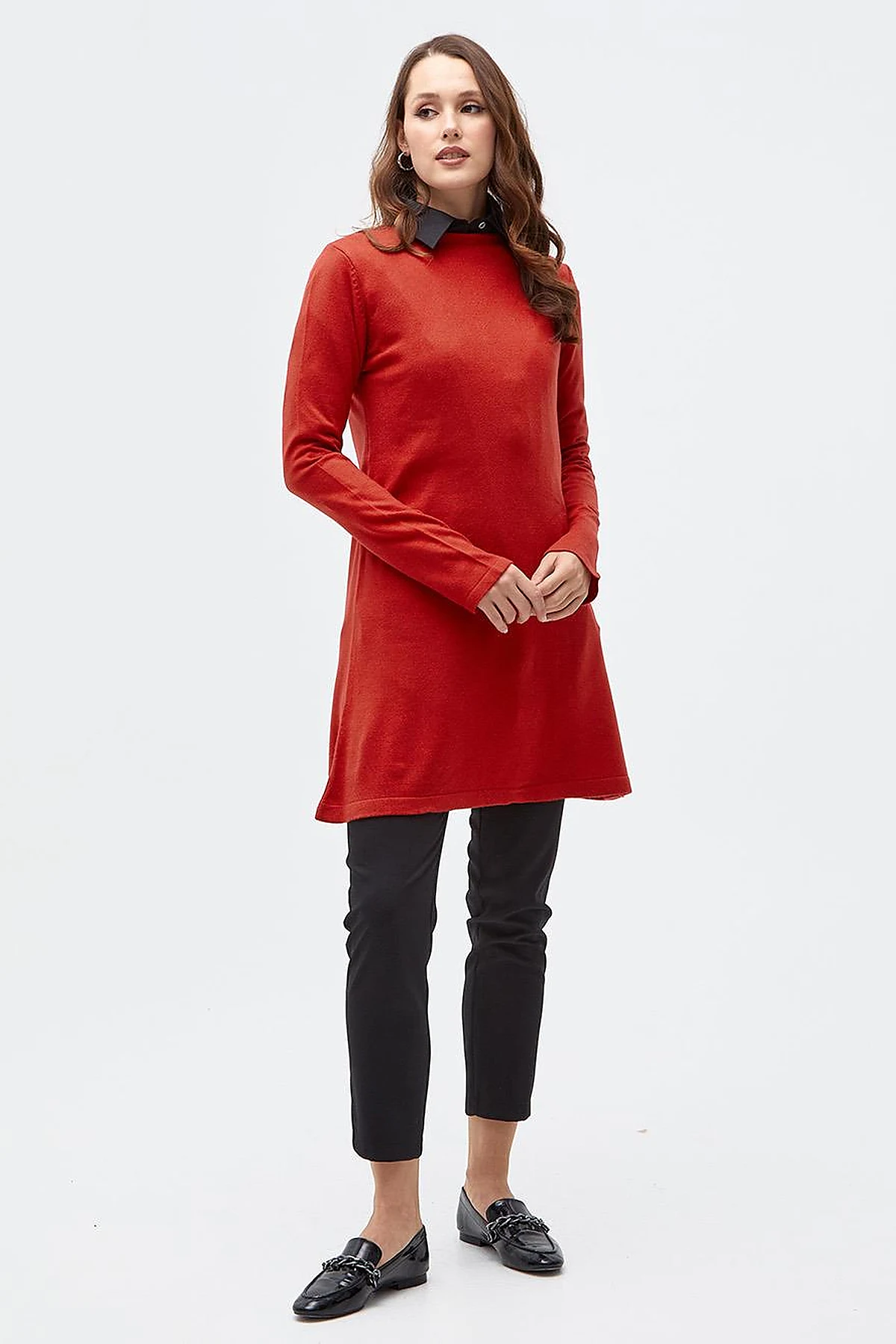 Basic Crew Neck Knit Tunic Red
