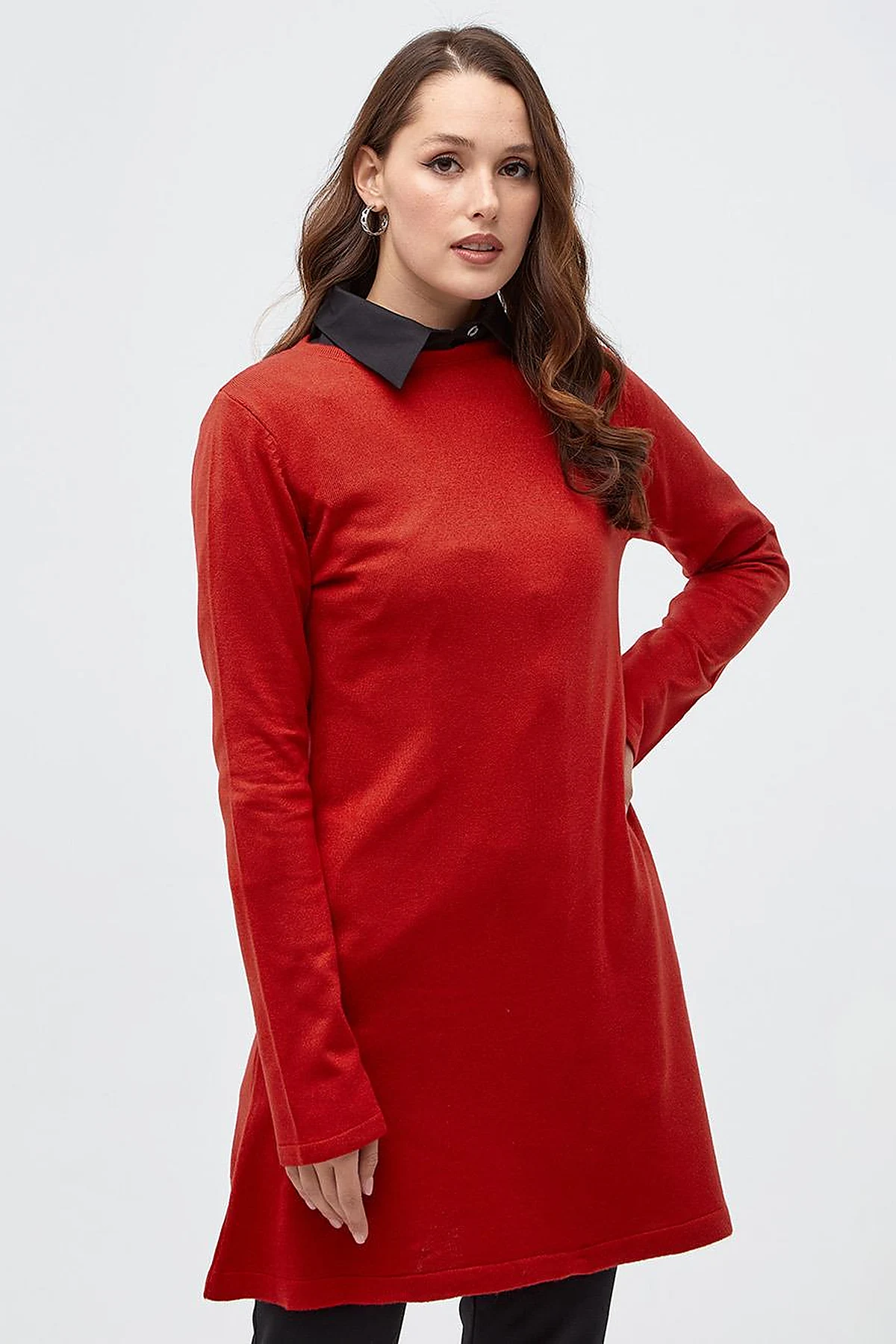 Basic Crew Neck Knit Tunic Red