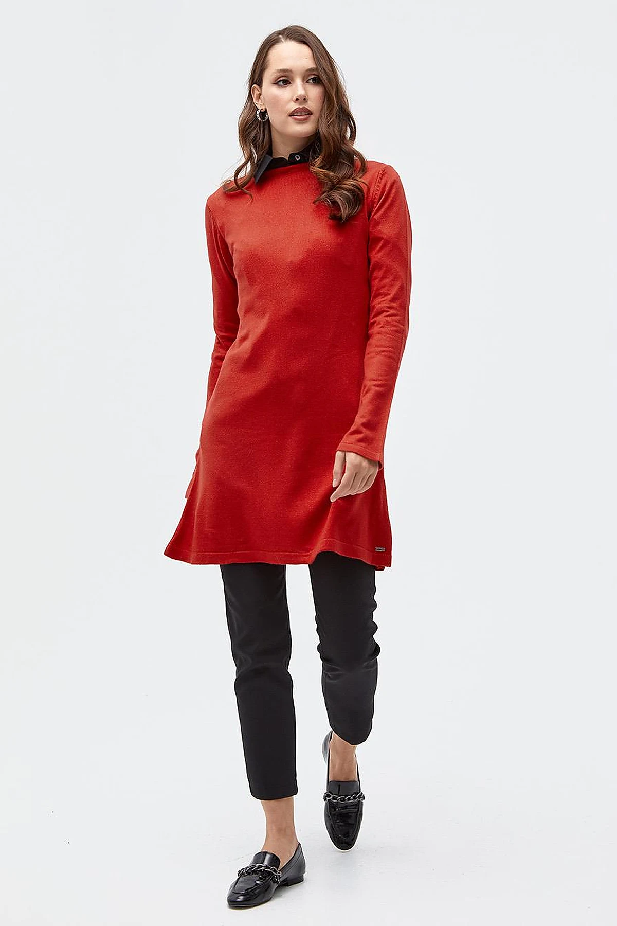 Basic Crew Neck Knit Tunic Red