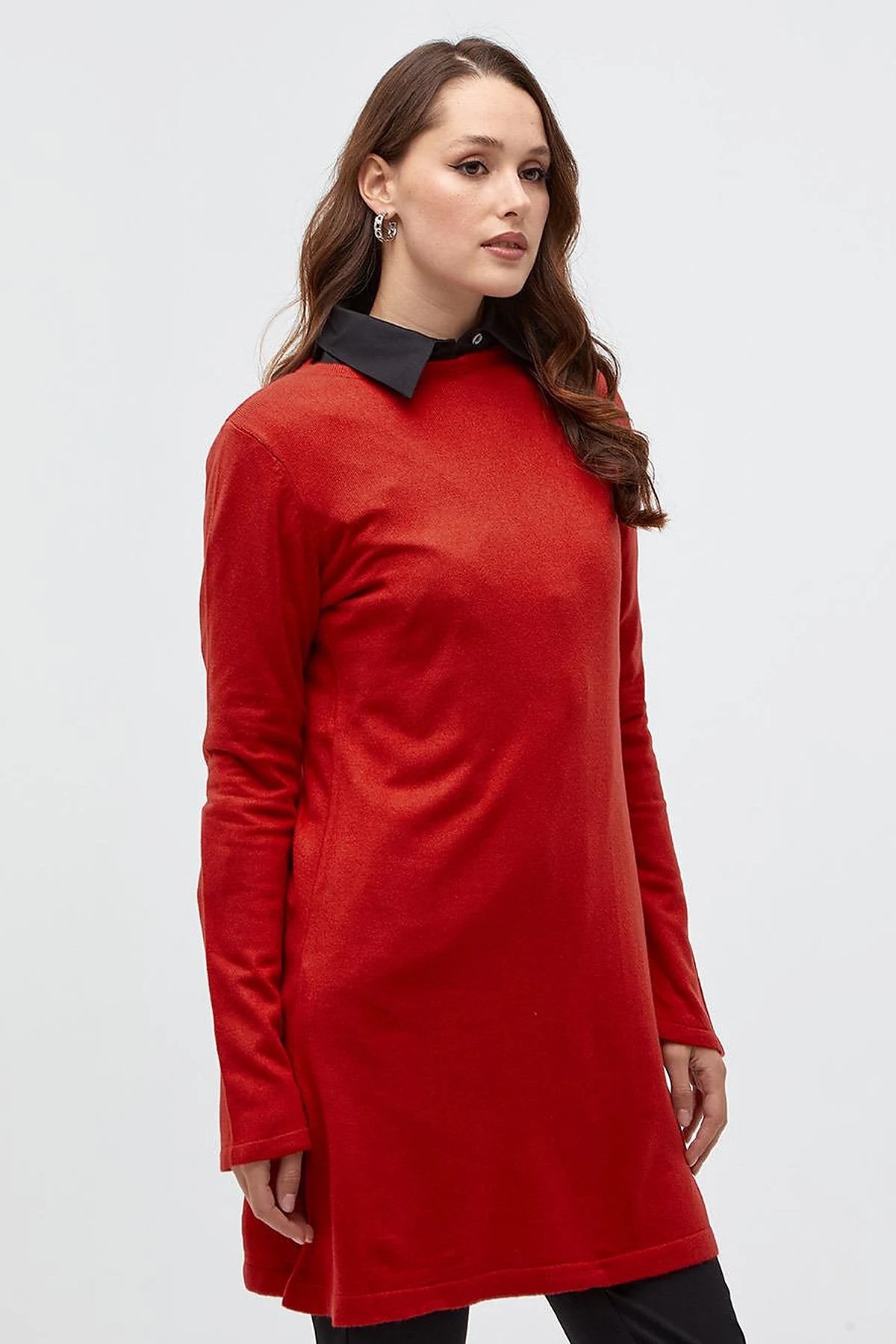 Basic Crew Neck Knit Tunic Red