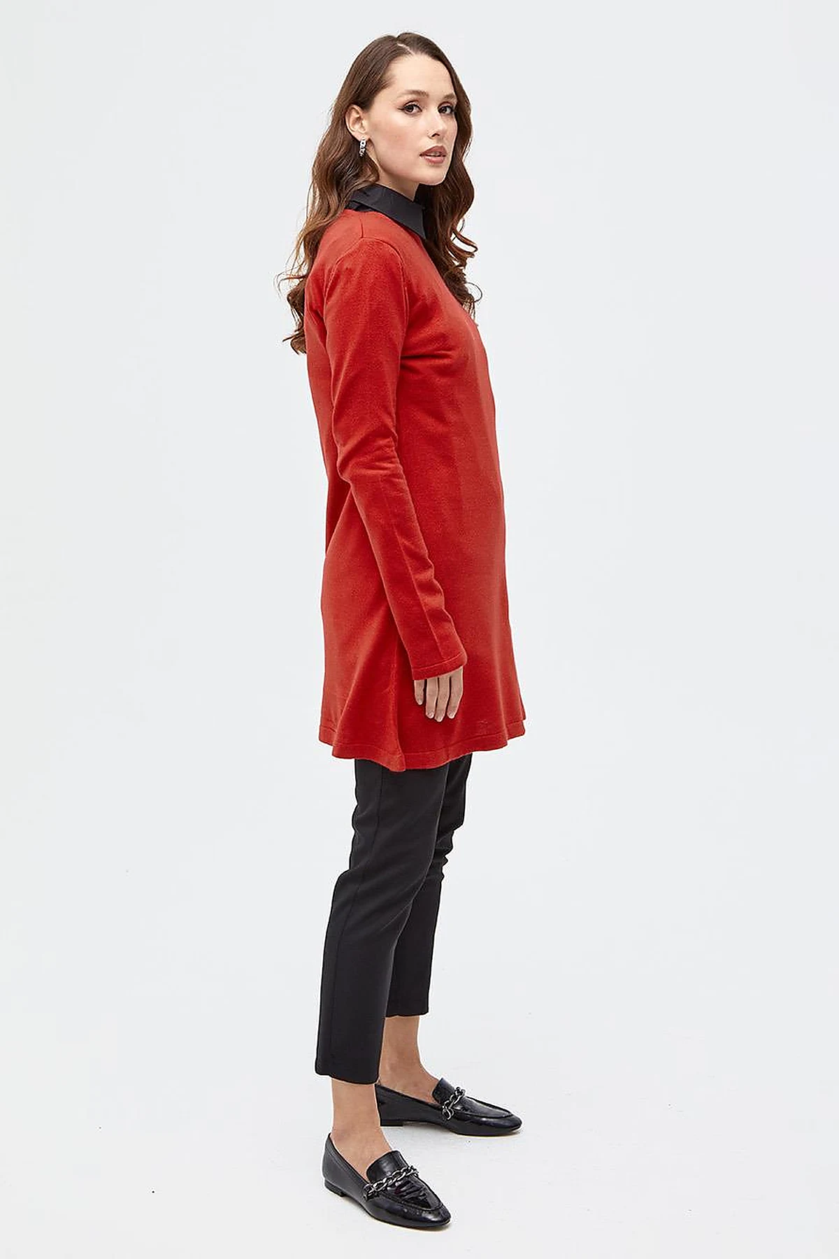 Basic Crew Neck Knit Tunic Red