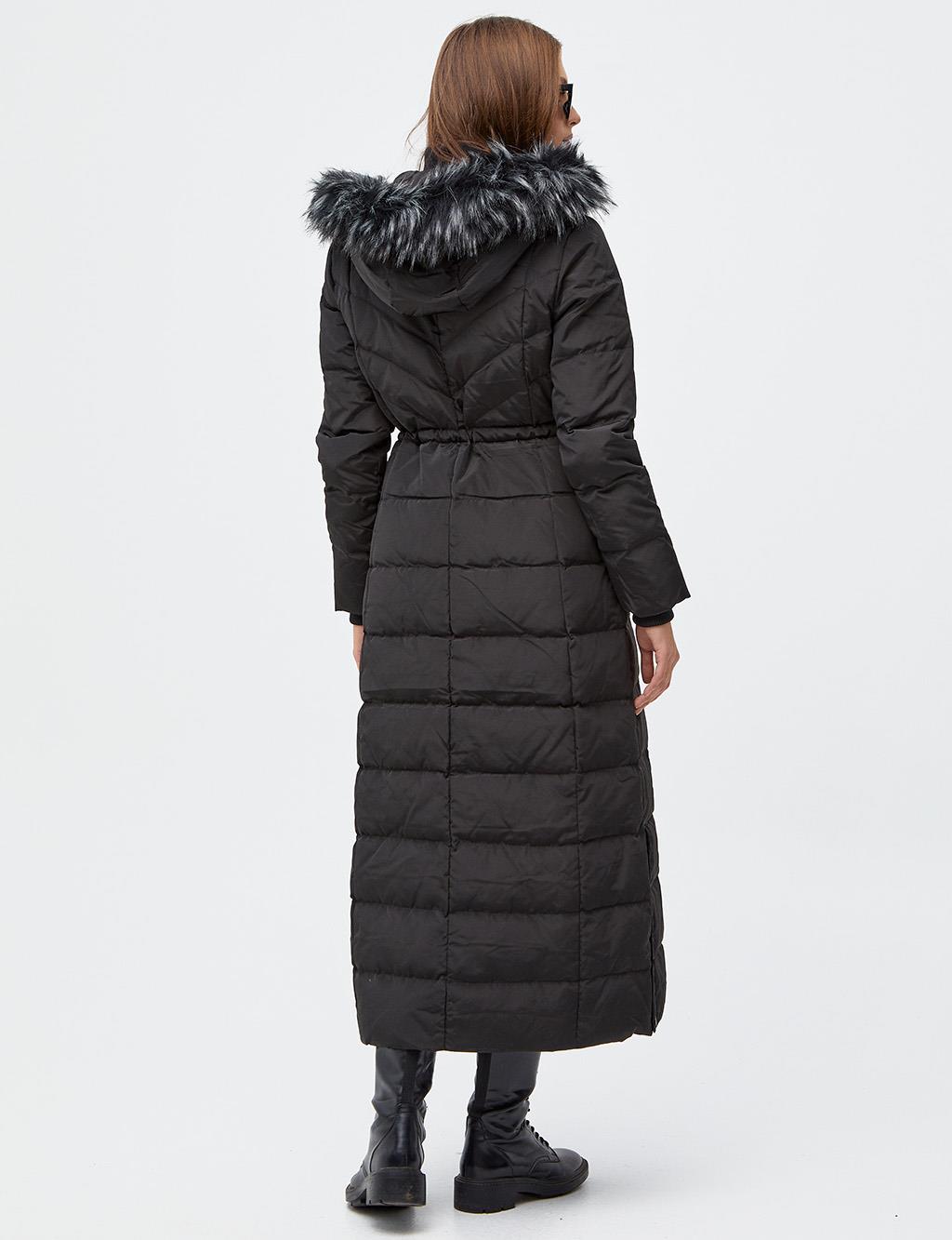 Waist Pleated Goose Down Filled Coat Black