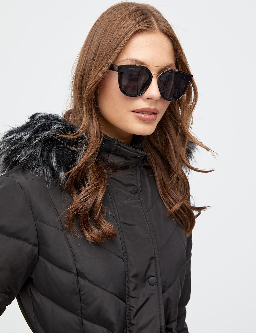 Waist Pleated Goose Down Filled Coat Black
