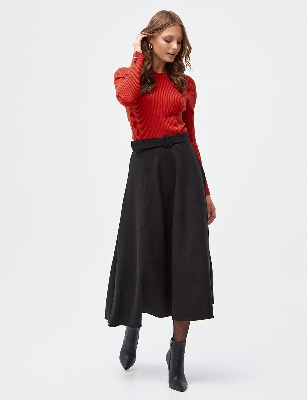 Belted Suede Skirt Black - Kayra.com