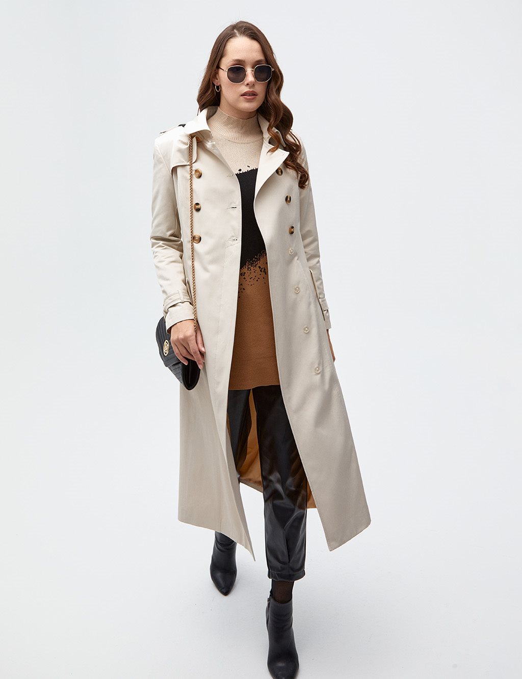 Bone Buttons Double Breasted Trench Coat Cream