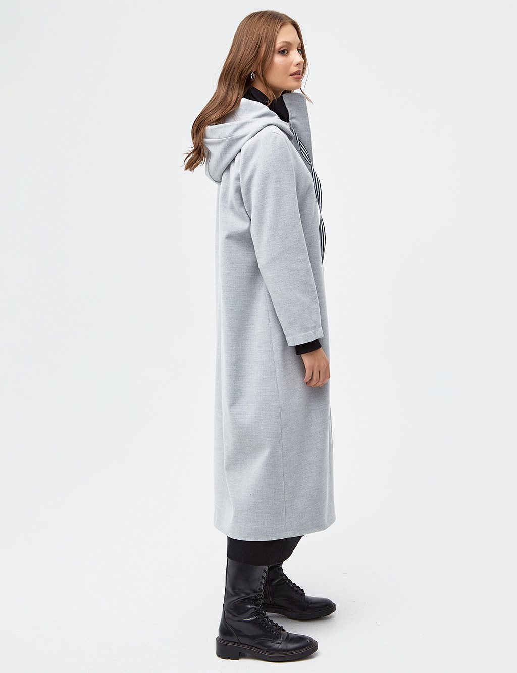 Hooded Long Coat Melange Grey