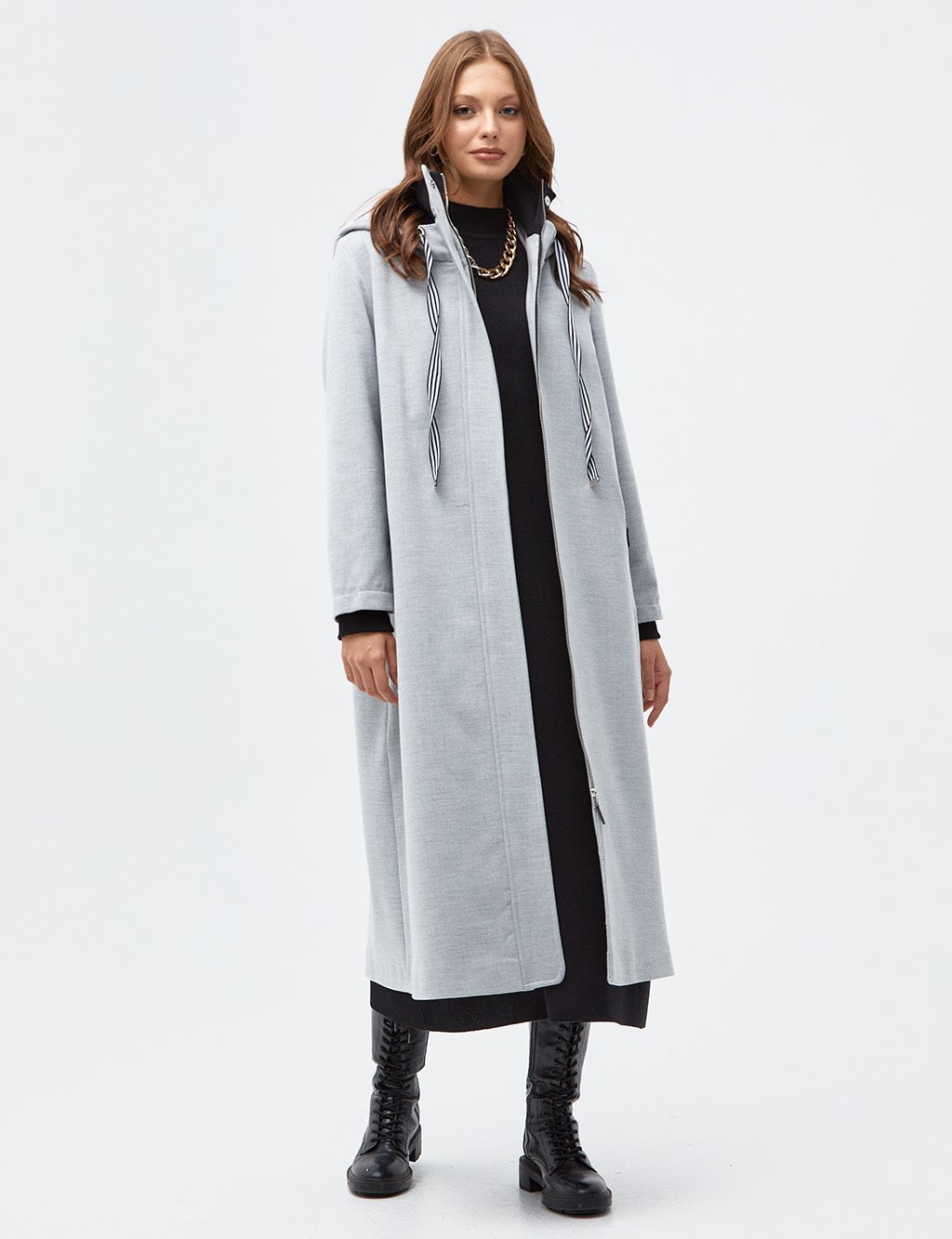 Hooded Long Coat Melange Grey