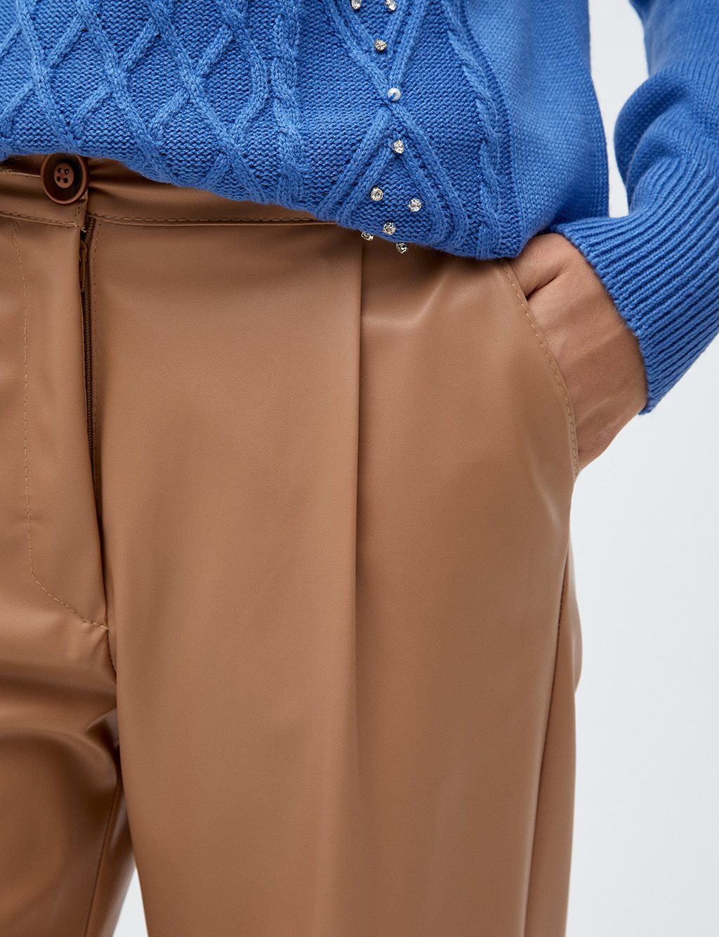 Pleated Faux Leather Pants Beige