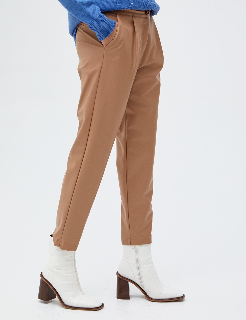 Pleated Faux Leather Pants Beige