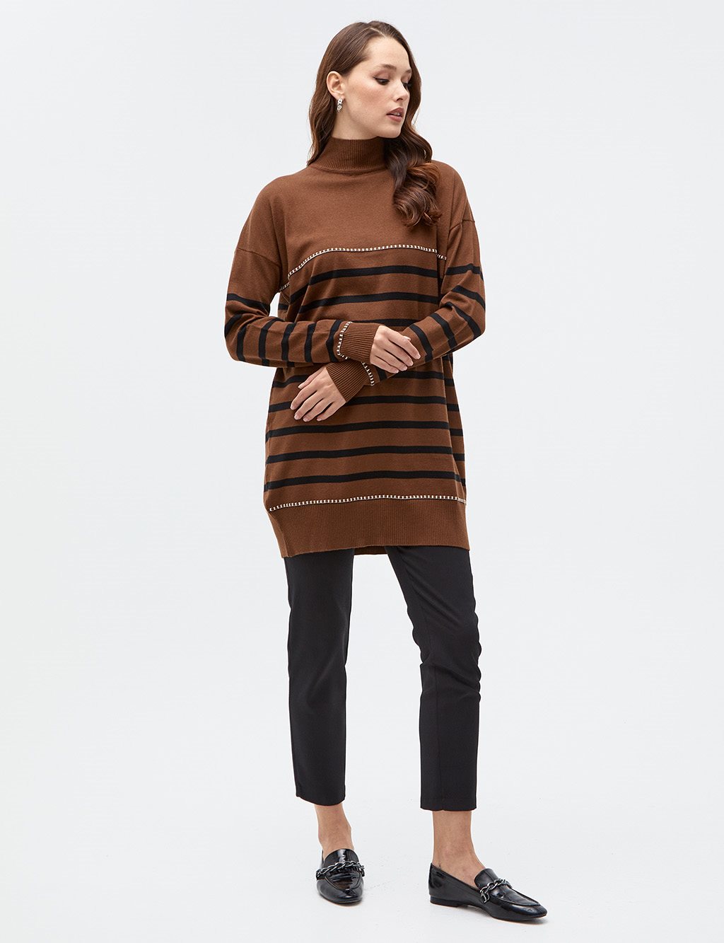Striped Half Turtleneck Knitwear Tunic Brown-Black