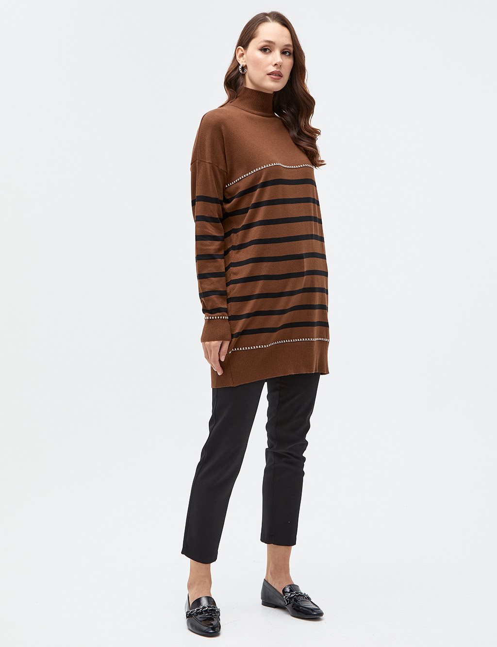 Striped Half Turtleneck Knitwear Tunic Brown-Black