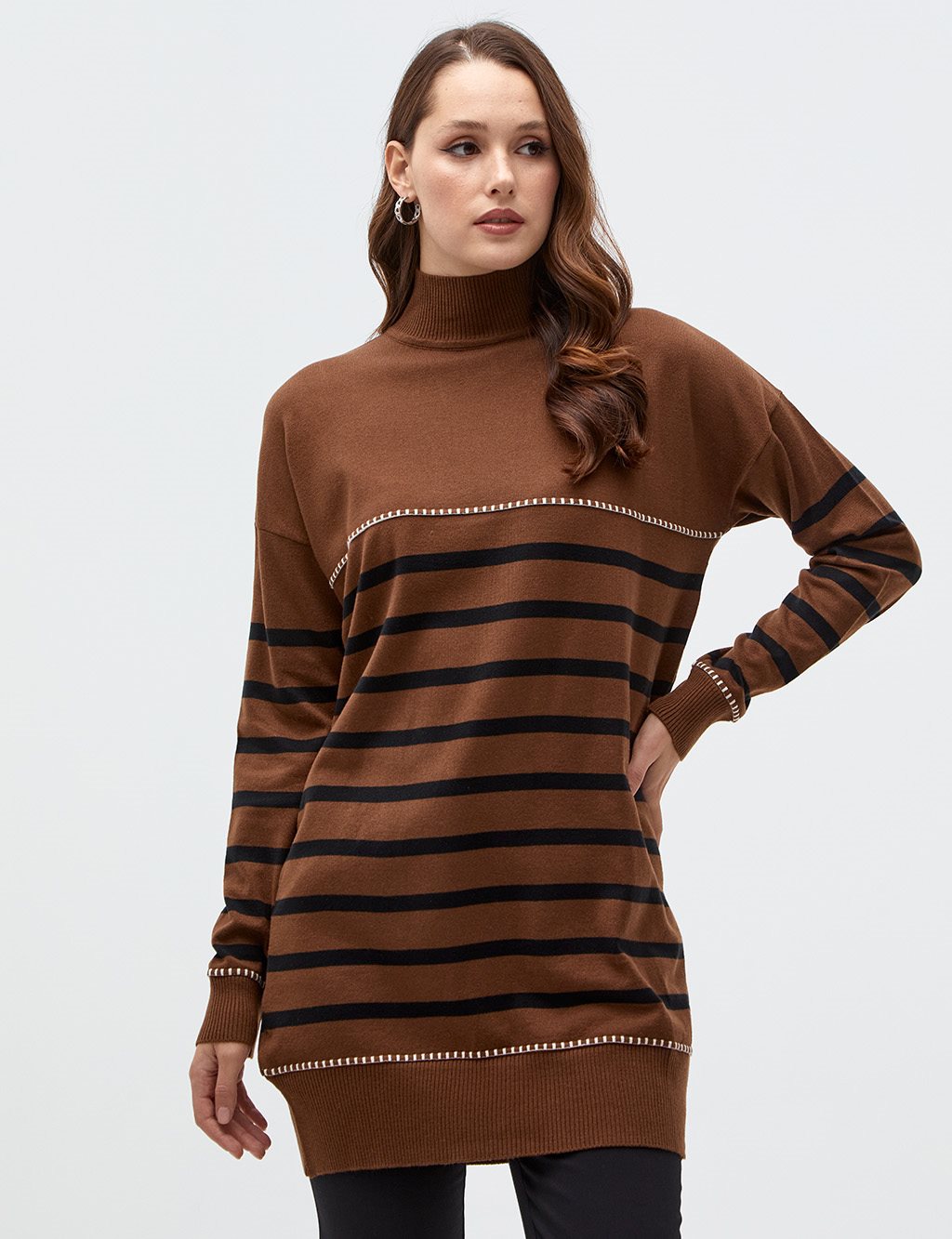 Striped Half Turtleneck Knitwear Tunic Brown-Black