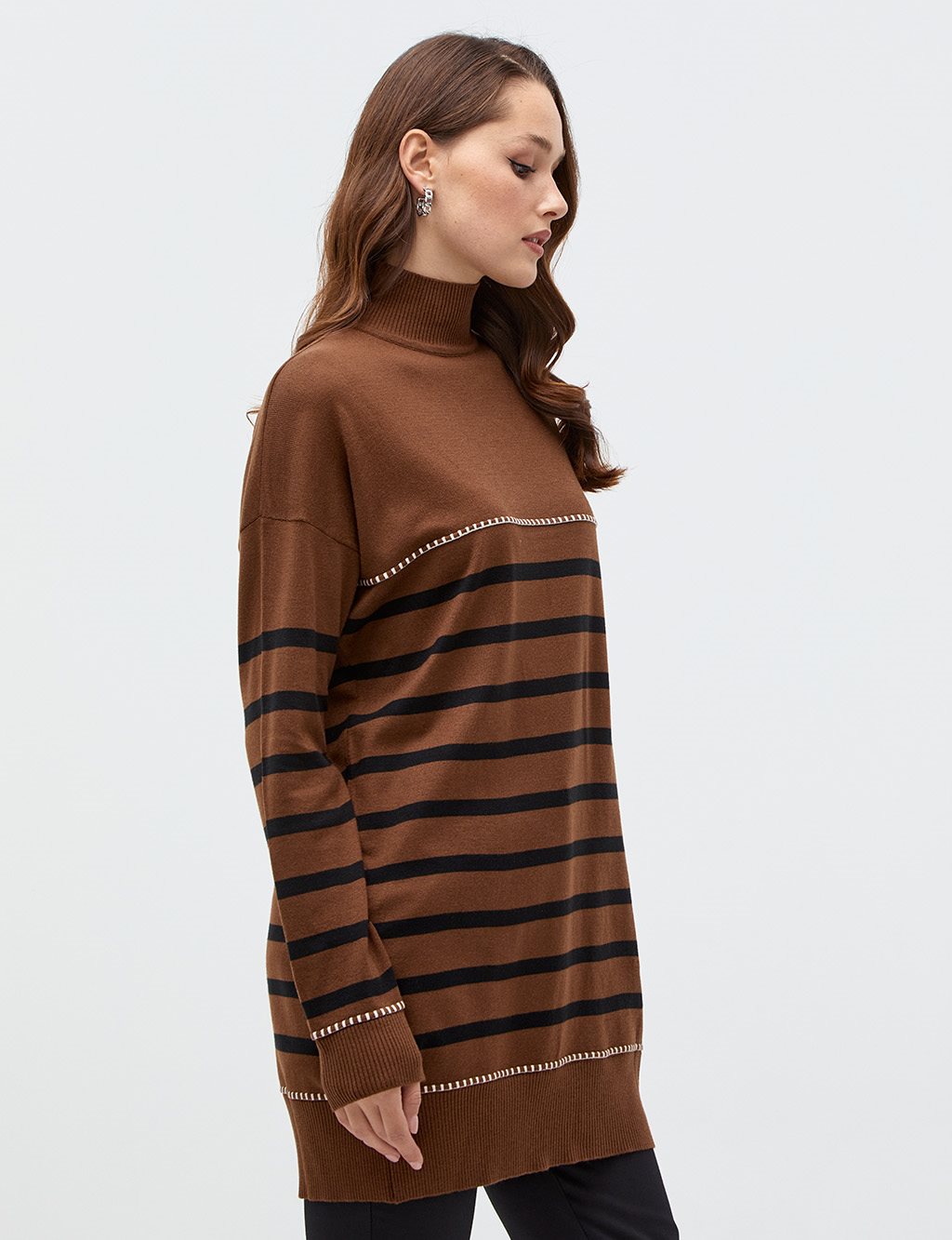Striped Half Turtleneck Knitwear Tunic Brown-Black