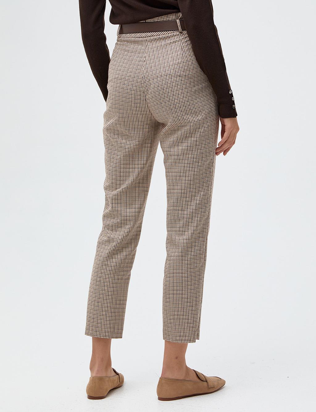 Houndstooth Patterned Pleated Pants Brown-Cream