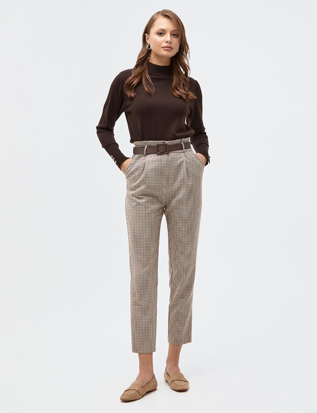 Houndstooth Patterned Pleated Pants Brown-Cream