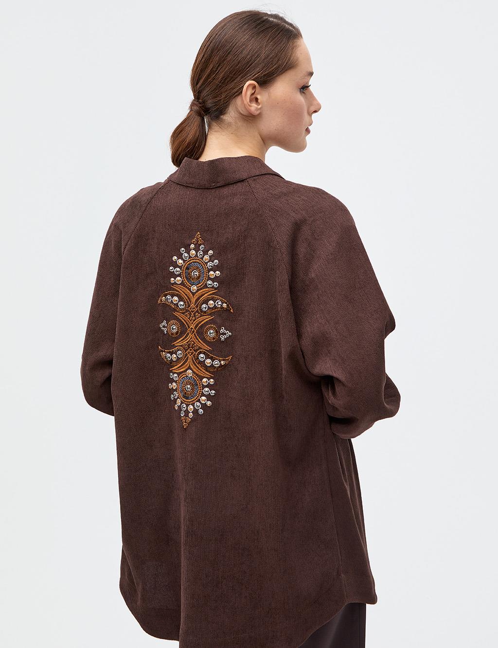 Ethnic Pattern Embroidered Jacket Dark Brown