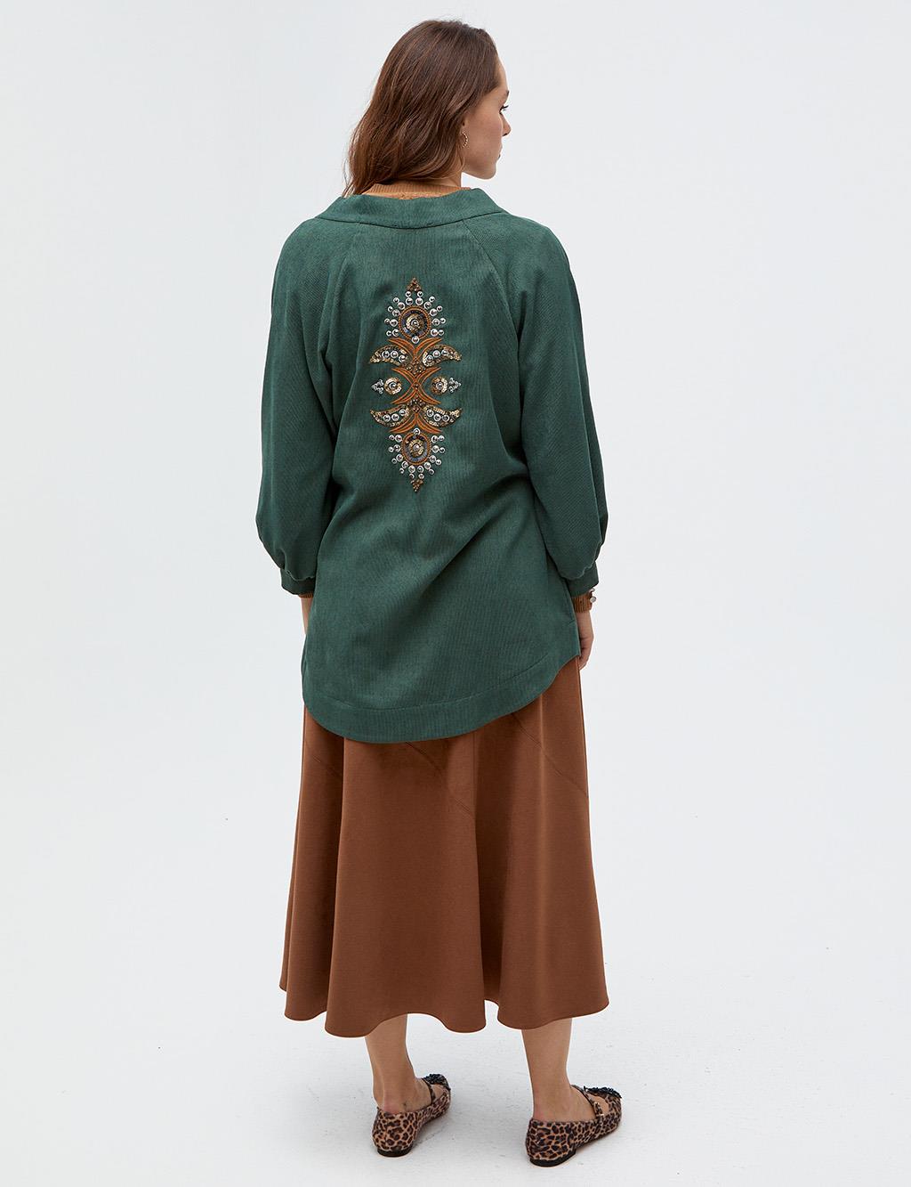 Ethnic Pattern Embroidered Jacket Smoke Green
