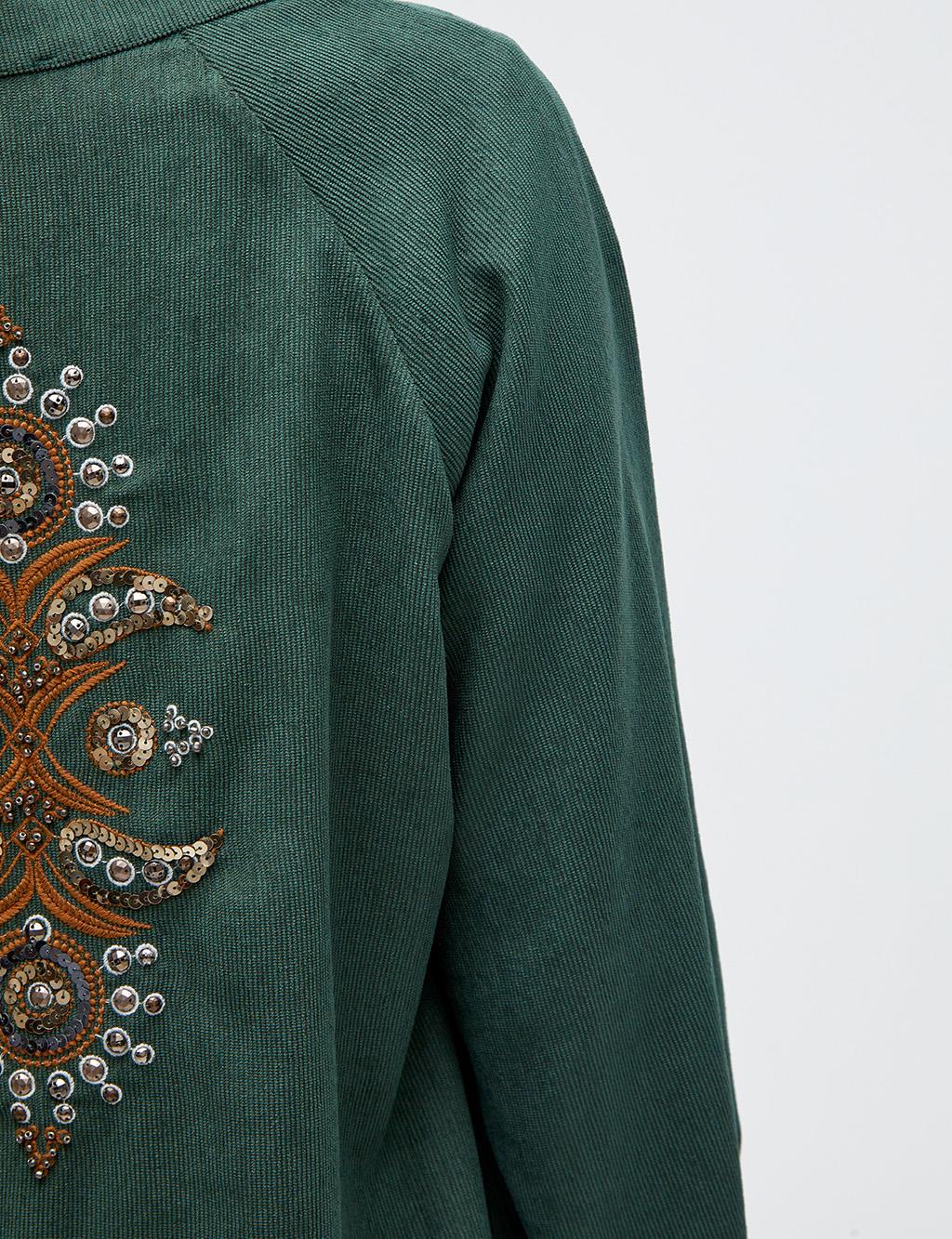 Ethnic Pattern Embroidered Jacket Smoke Green