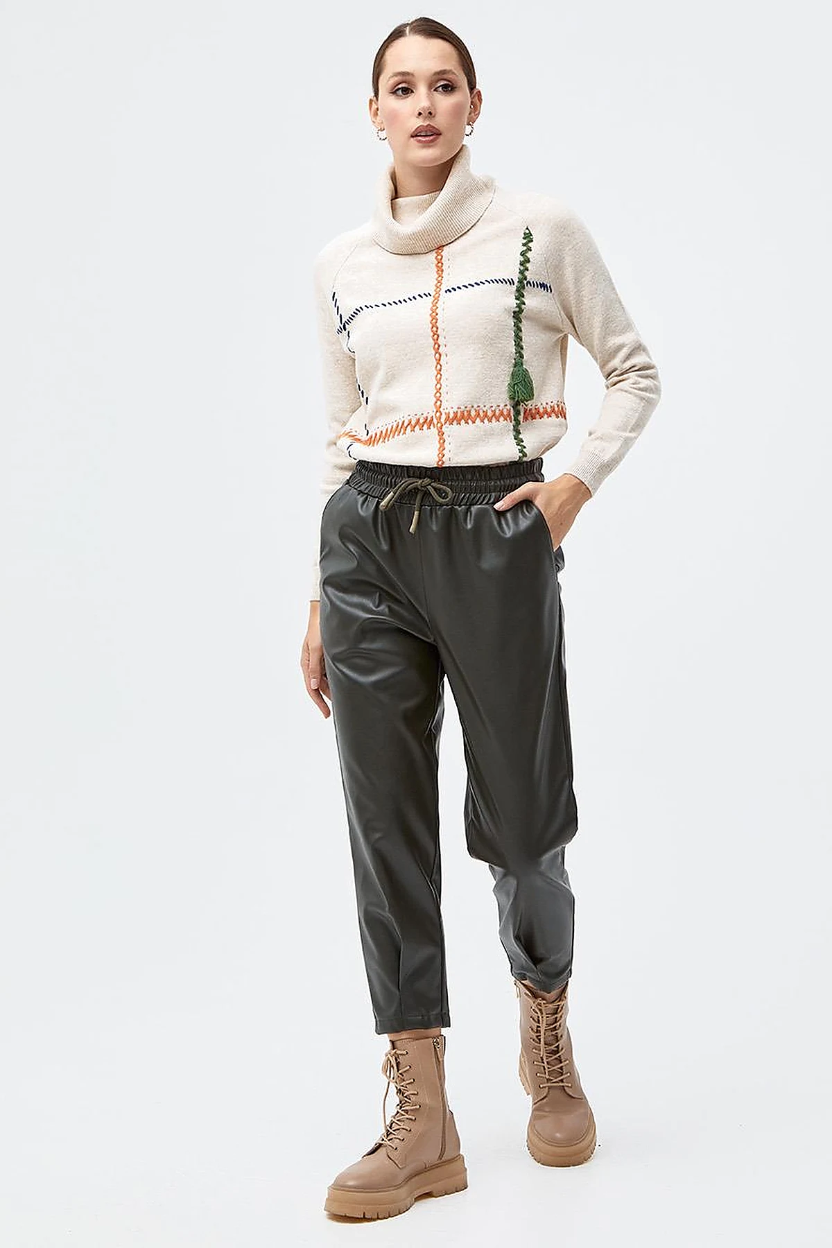 Elastic Waist Faux Leather Pants Smoke Green