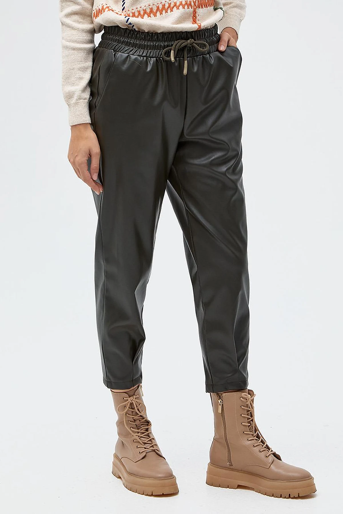Elastic Waist Faux Leather Pants Smoke Green