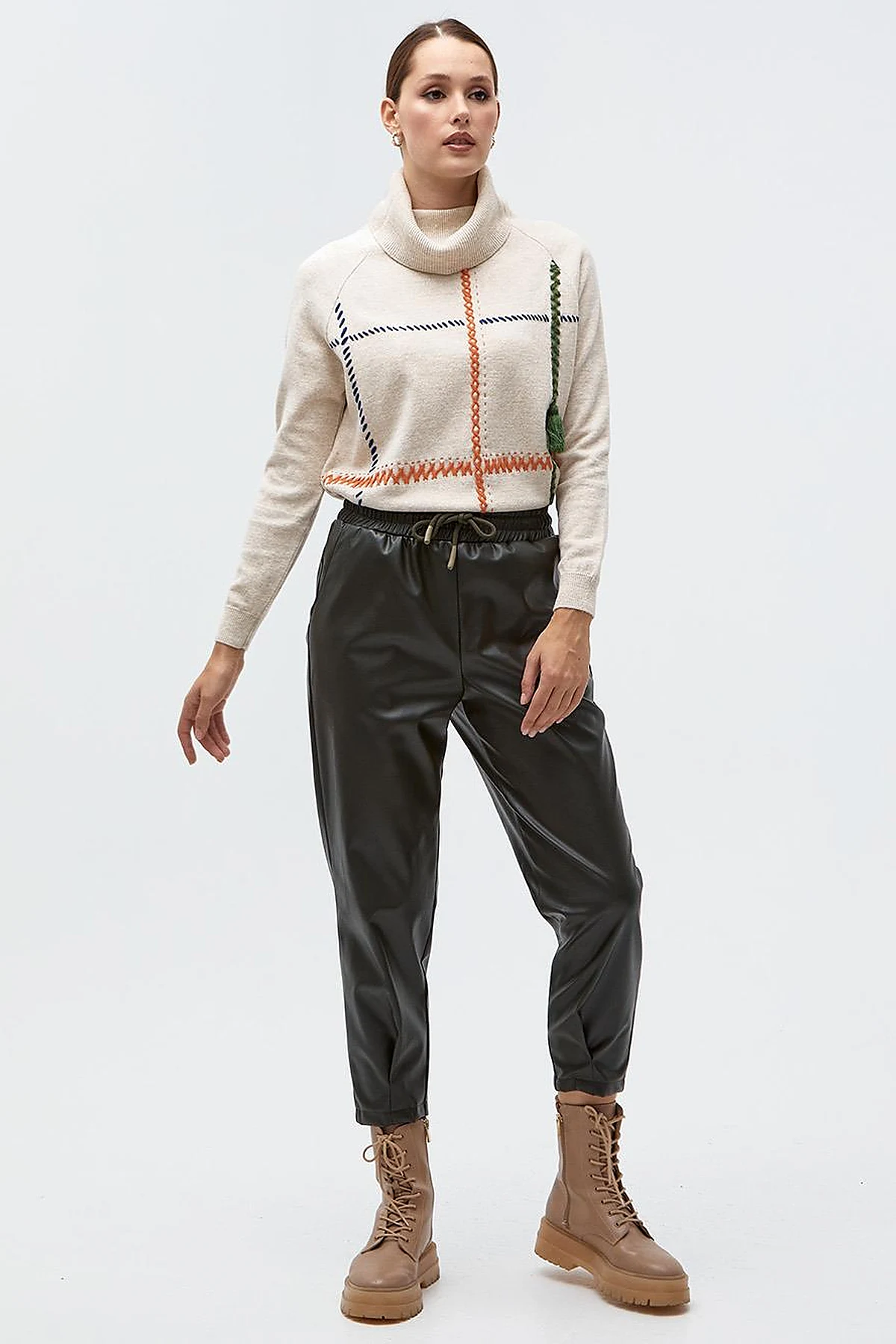Elastic Waist Faux Leather Pants Smoke Green