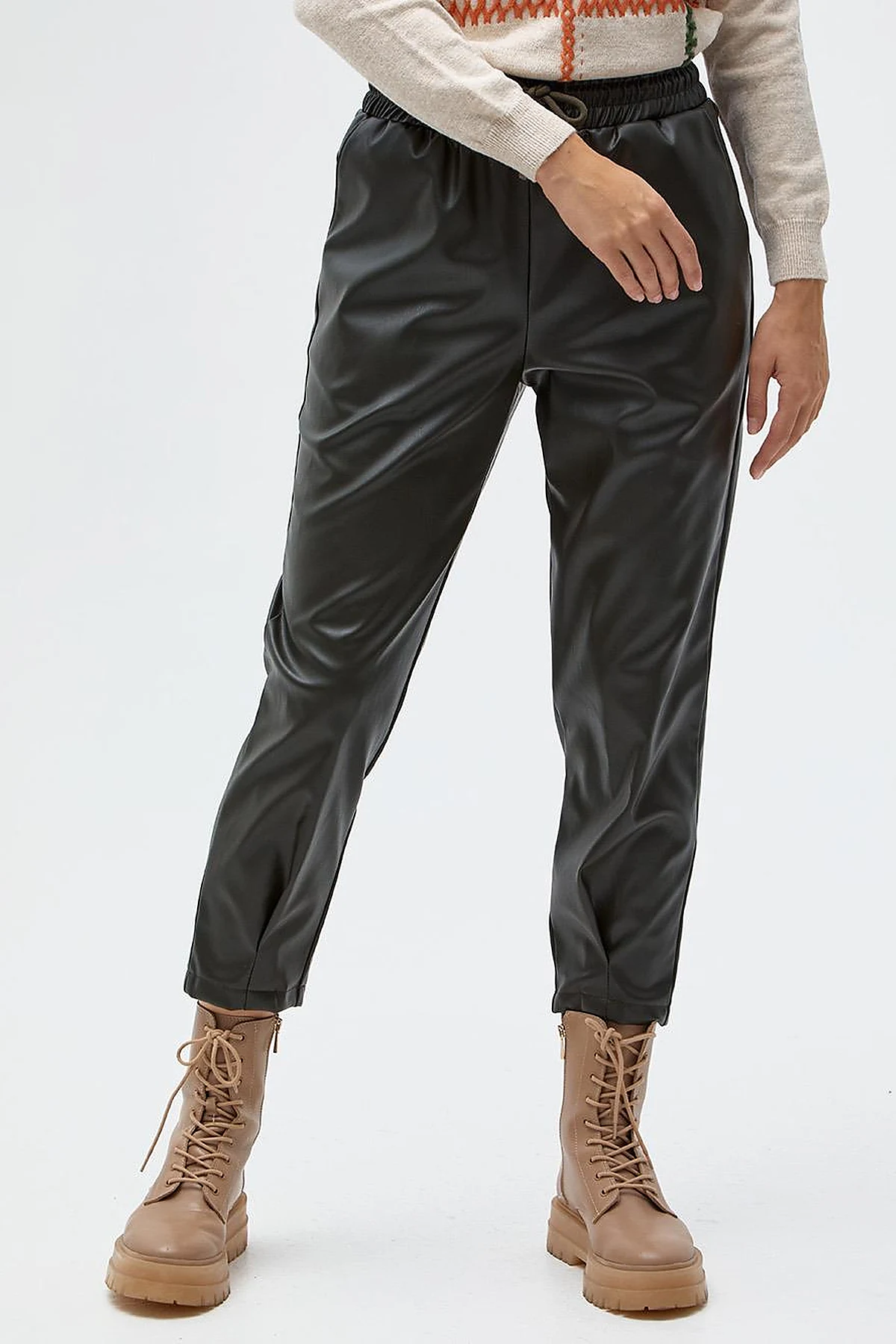 Elastic Waist Faux Leather Pants Smoke Green