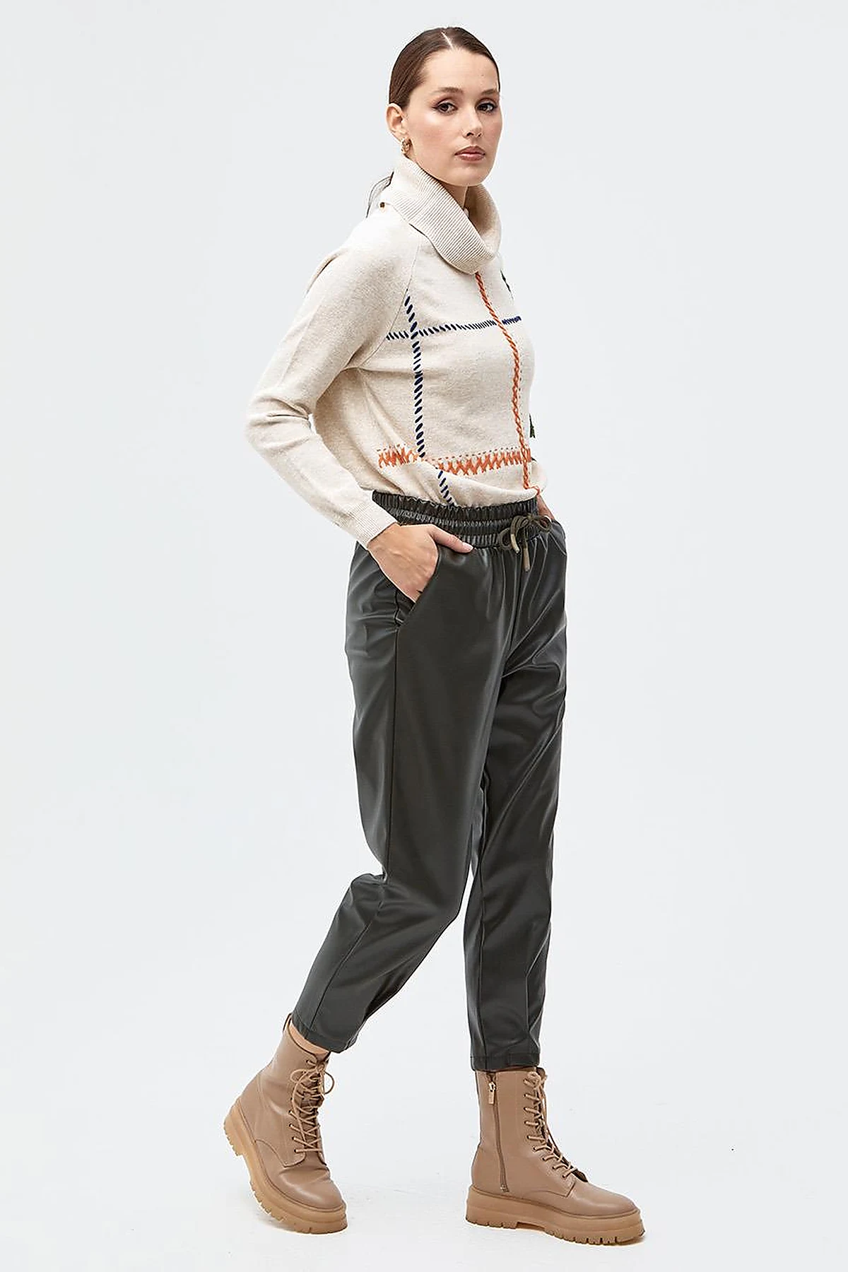 Elastic Waist Faux Leather Pants Smoke Green