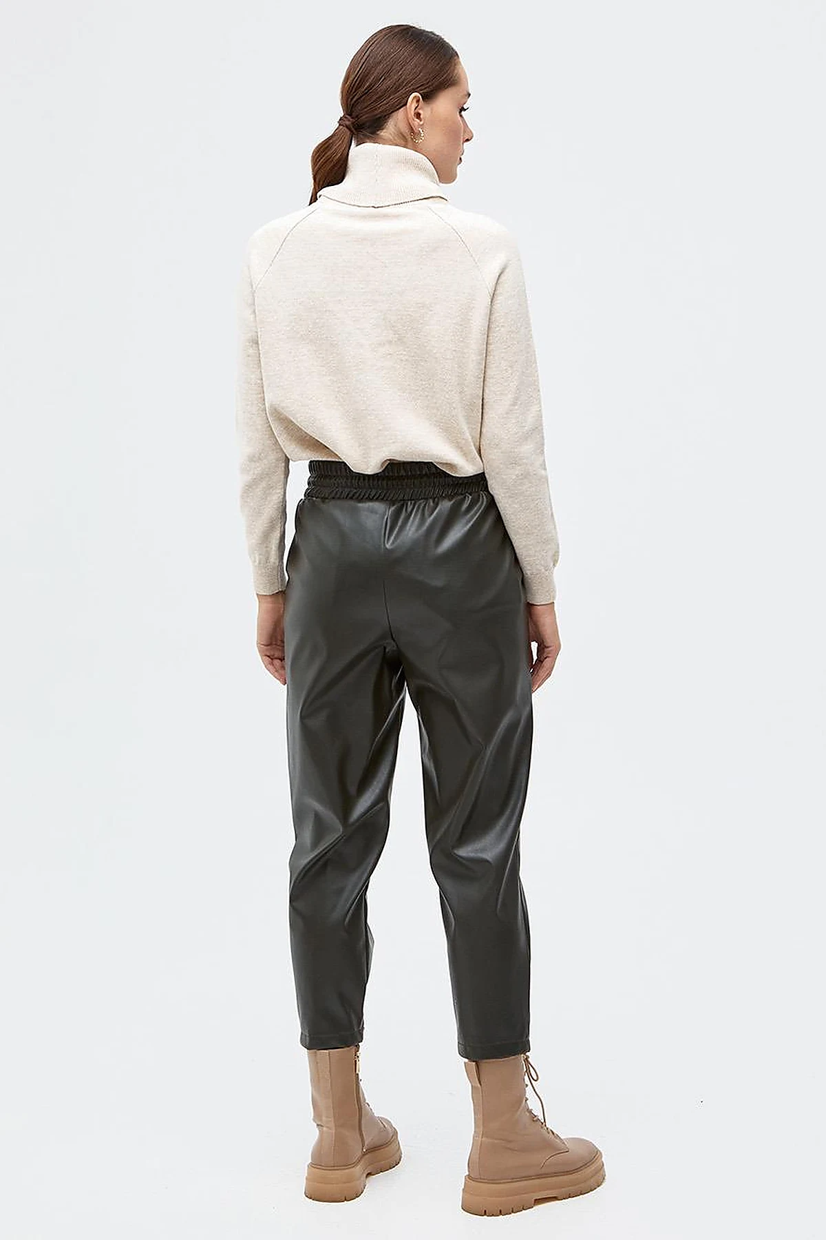 Elastic Waist Faux Leather Pants Smoke Green