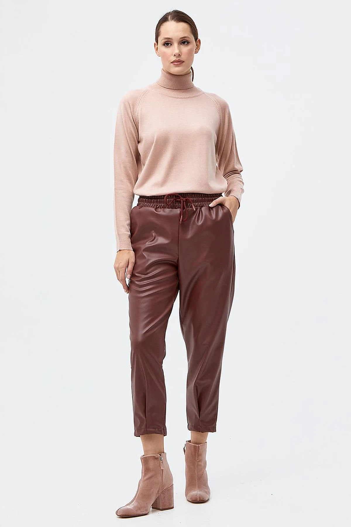 Elastic Waist Faux Leather Pants Bronze Brown