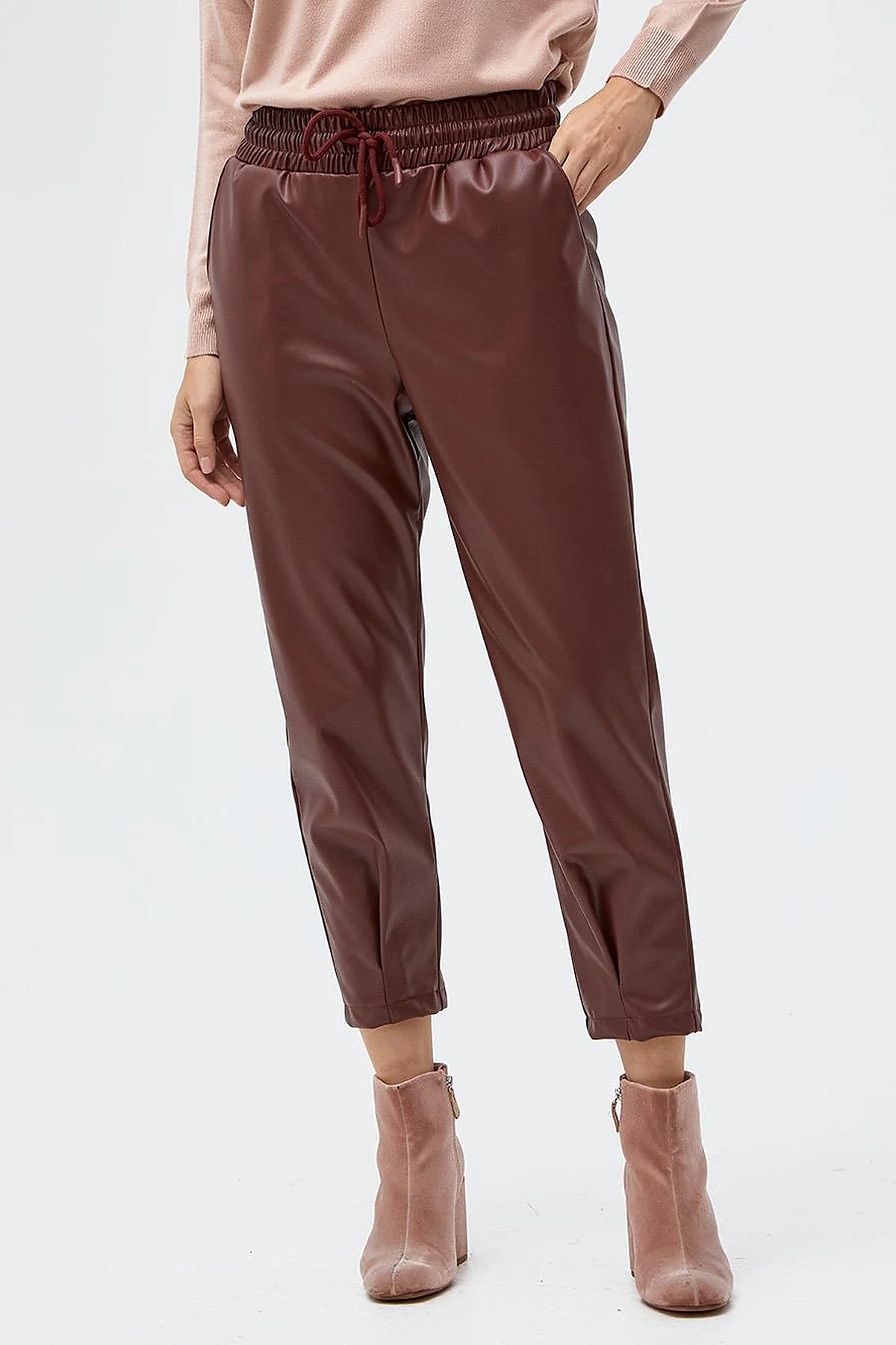 Elastic Waist Faux Leather Pants Bronze Brown