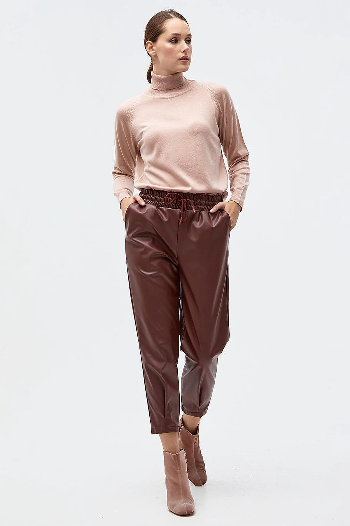 Elastic Waist Faux Leather Pants Bronze Brown