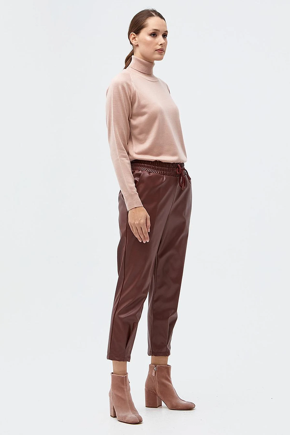 Elastic Waist Faux Leather Pants Bronze Brown