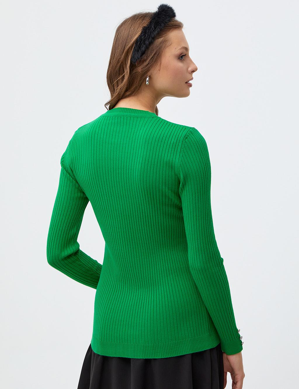 Round Neck Collar Corduroy Knitwear Blouse Grassgreen