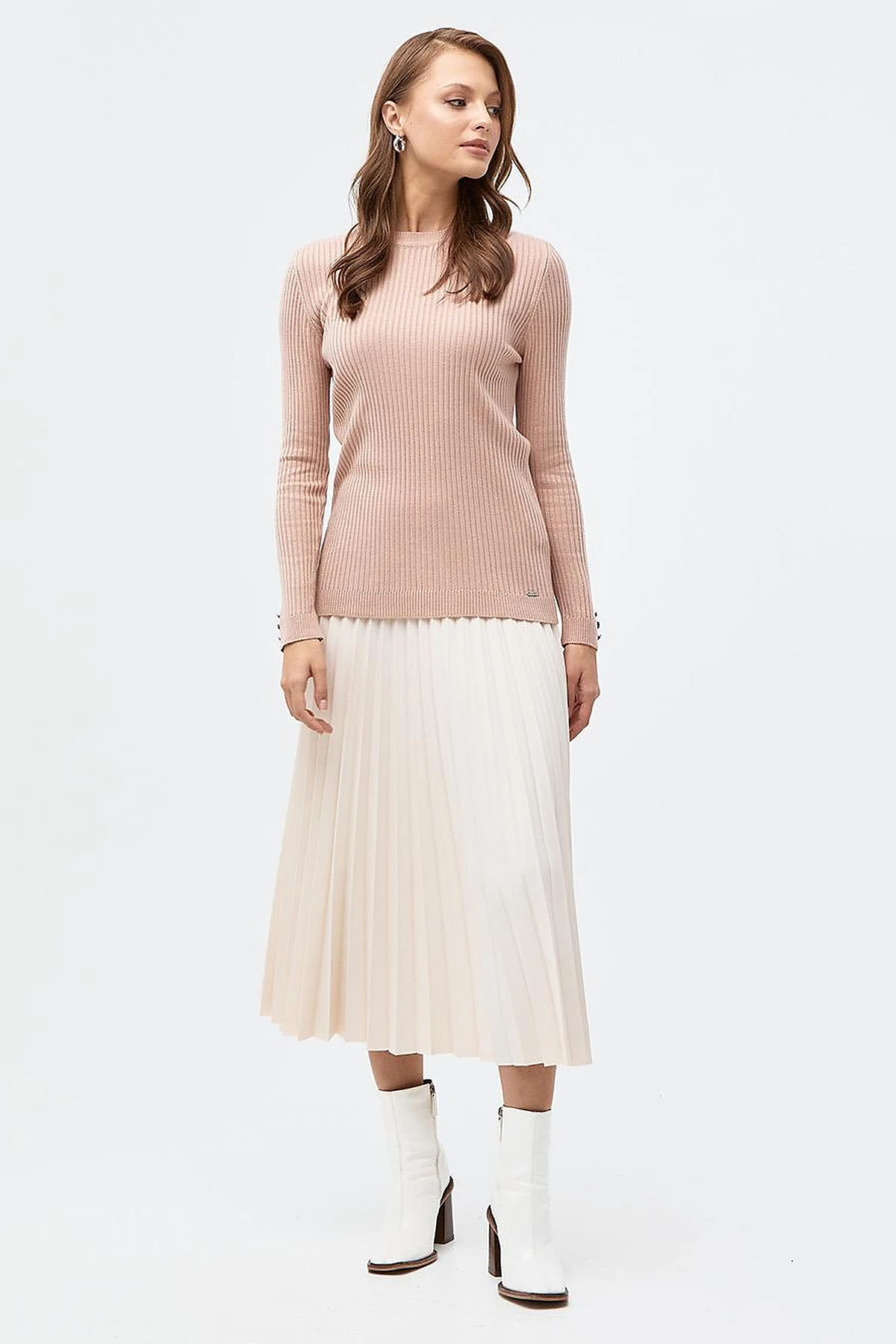 Zero Collar Ribbed Knitted Sweater Powder