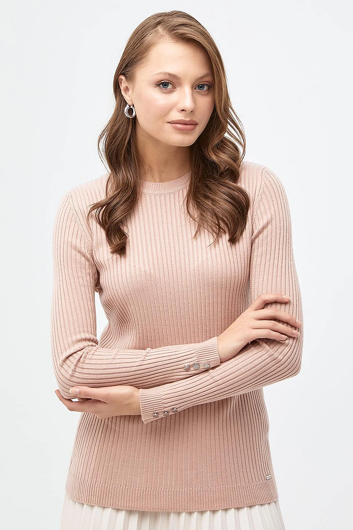 Zero Collar Ribbed Knitted Sweater Powder